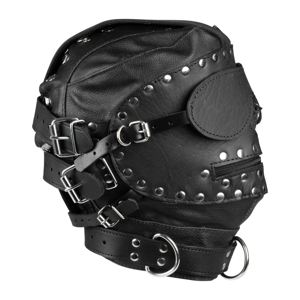 Black BDSM hood with adjustable rear buckle straps