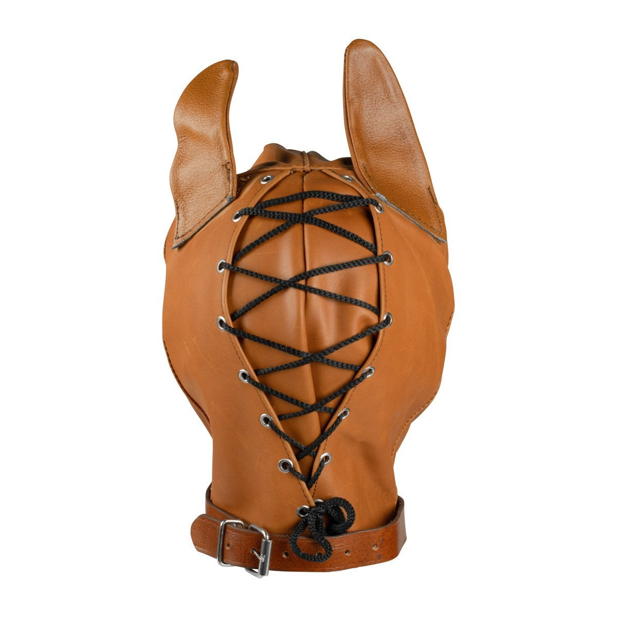 Brown leather pup play hood with metal collar attachment ring