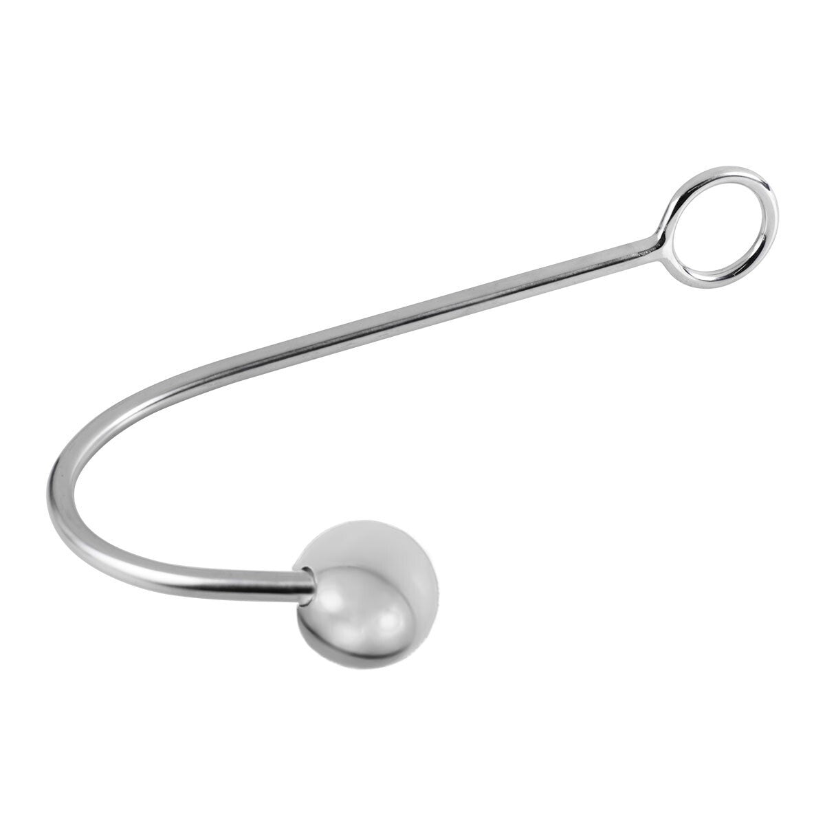 Side view of polished anal hook showing curved shaft and round ball