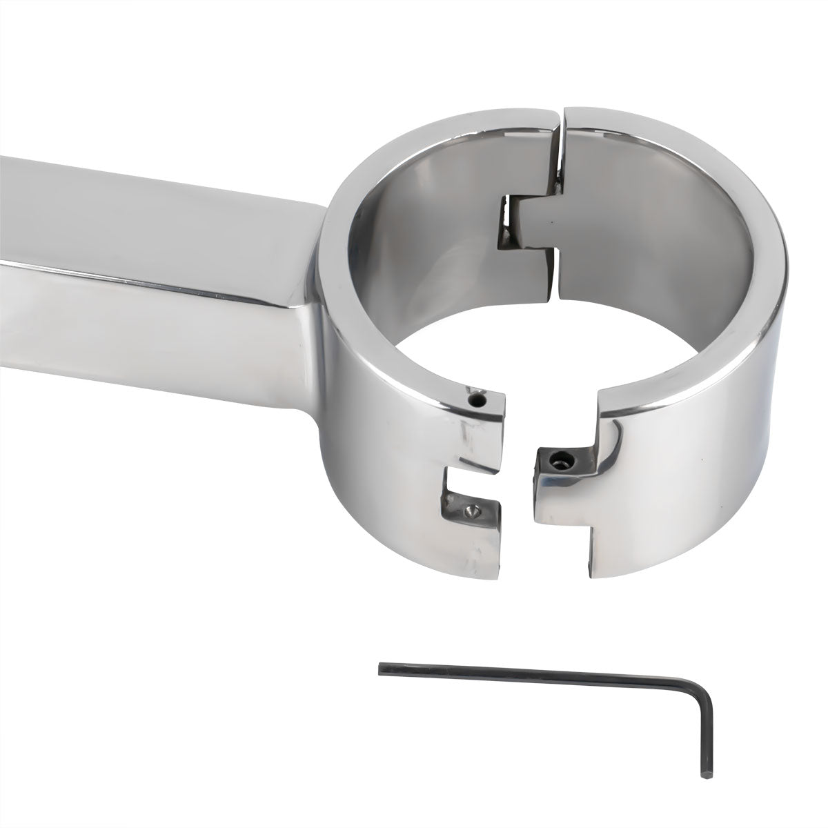 Polished steel wrist restraint bar with hinged cuffs