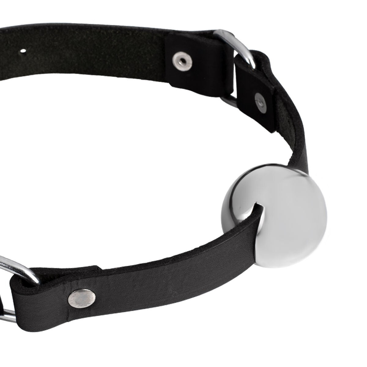 40mm polished metal ball gag with adjustable leather-style straps