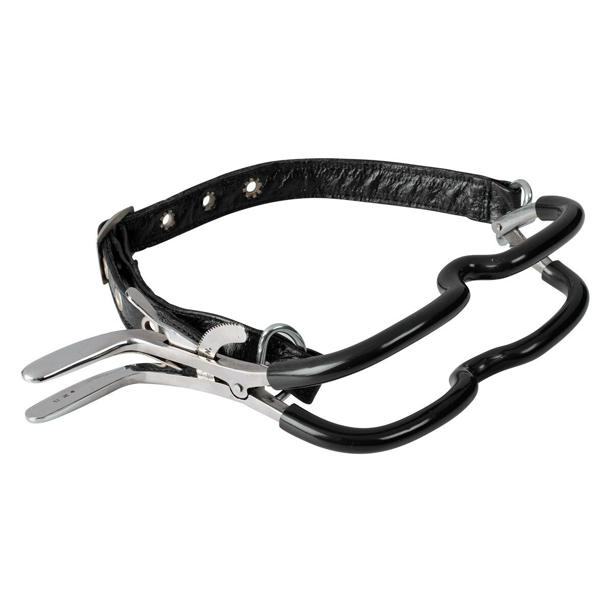 Jennings ratchet mouth gag with silicone-coated grips and black strap