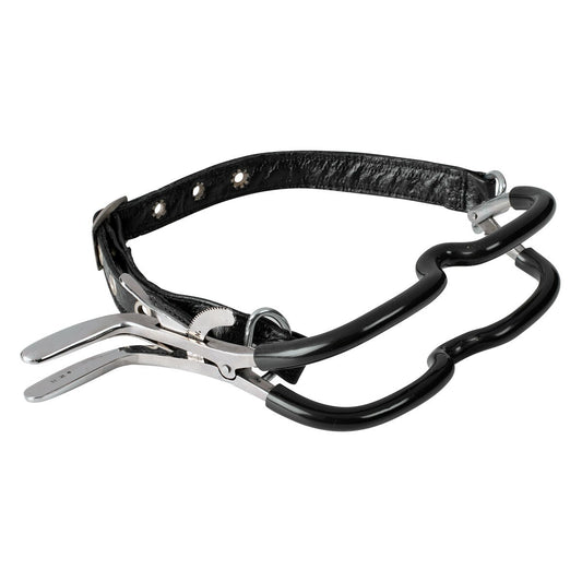 Jennings ratchet mouth gag with silicone-coated grips and black strap