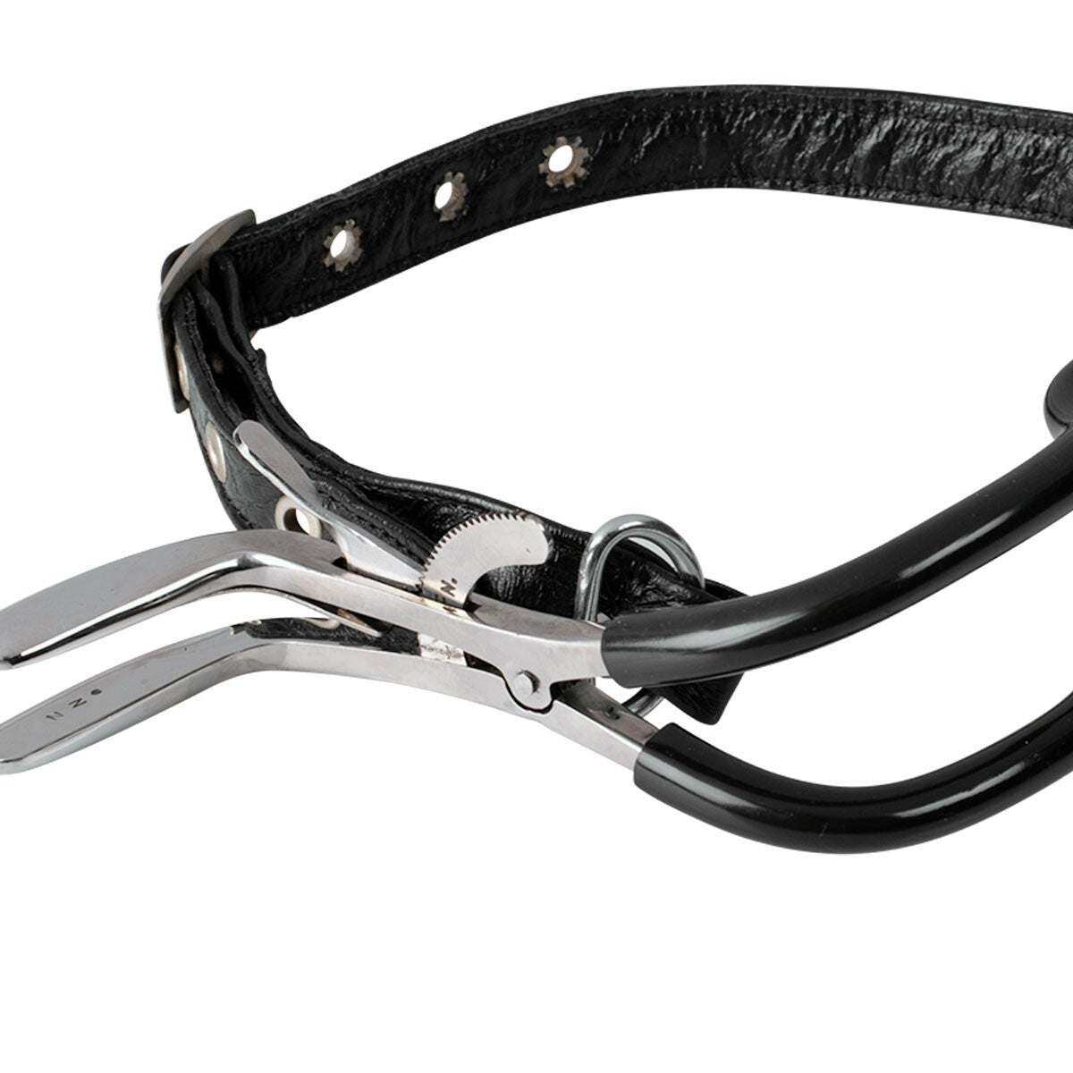 Adjustable black strap and coated grips on BDSM mouth gag