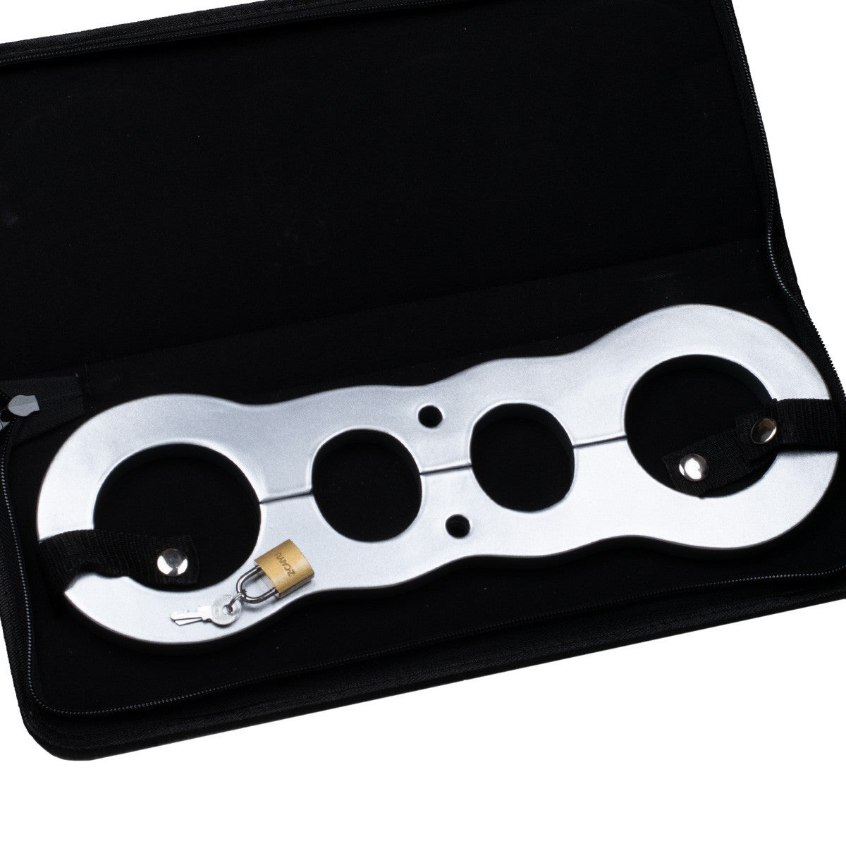 Gunmetal rigid wrist restraint with lockable bondage bar
