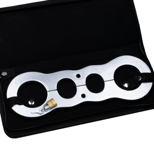 Gunmetal rigid wrist restraint with lockable bondage bar