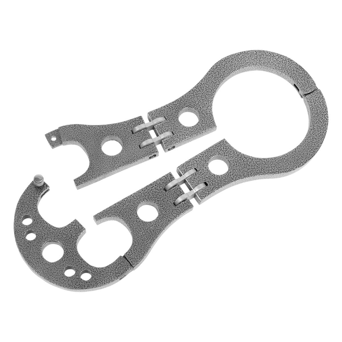 Hinged neck collar and wrist cuffs on gunmetal BDSM restraint