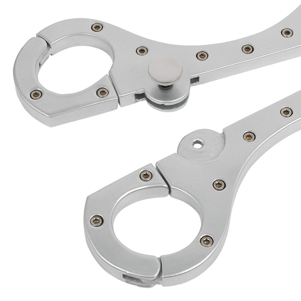 Fixed neck and wrist openings on silver steel bondage yoke