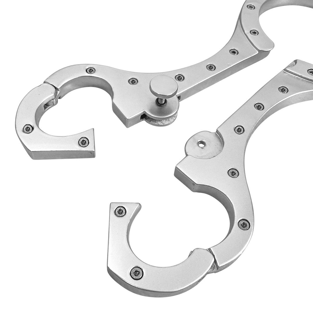 Rigid silver metal cangue pillory restraint from another angle