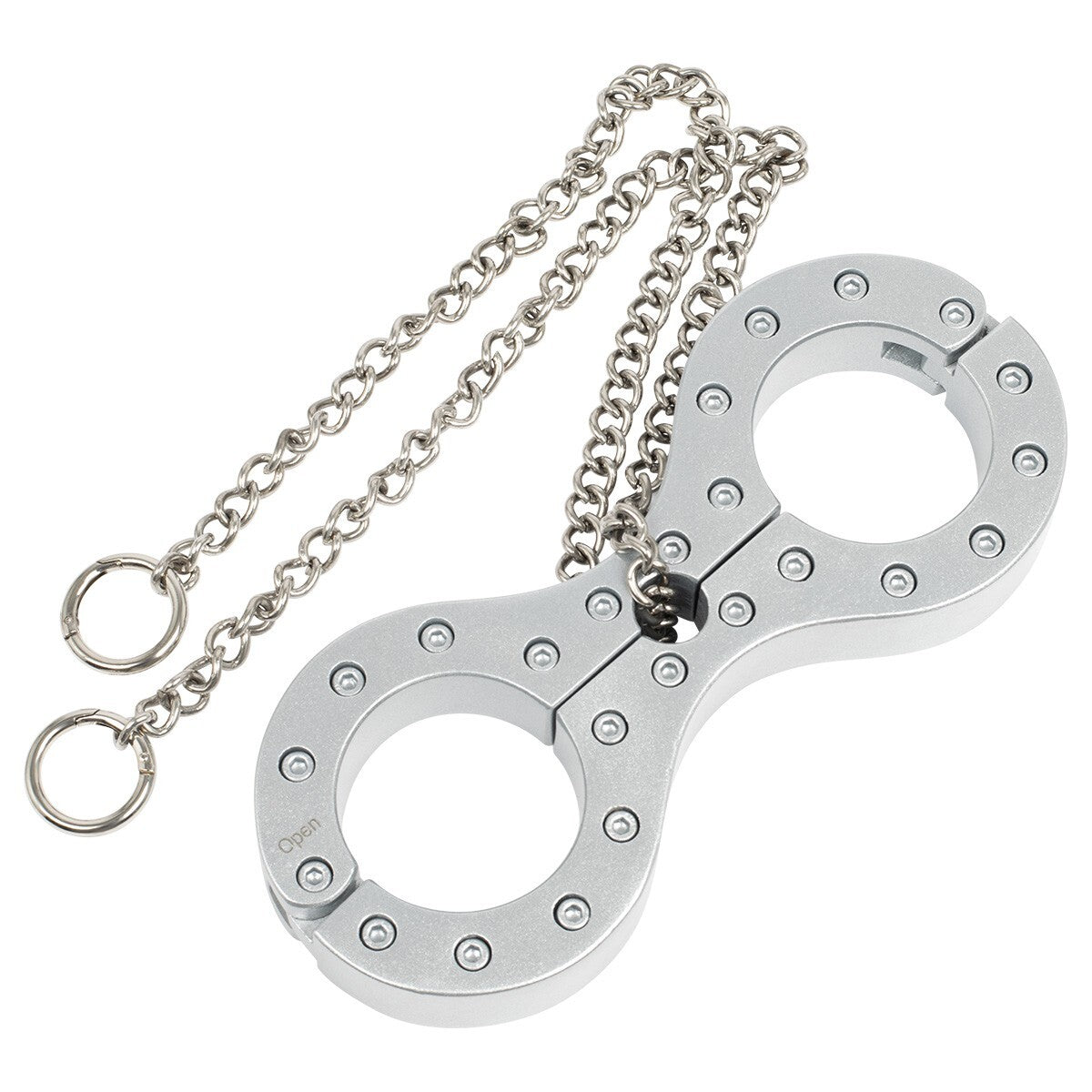 Heavy duty silver figure 8 bondage cuffs with metal chain