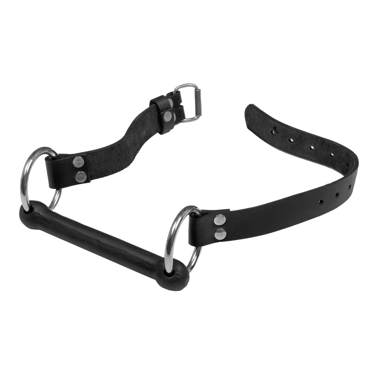 Black rubber bar mouth gag with leather straps and metal hardware