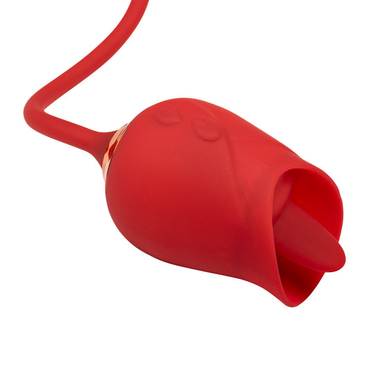 Red dual-action rose vibrator with curved G-spot stimulation arm
