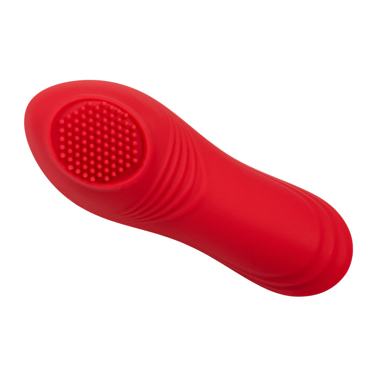 App-controlled red panty vibrator with curved wearable design