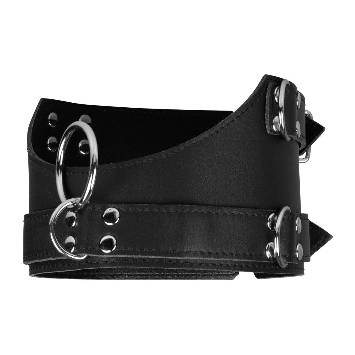 Black Faux Leather Deep Posture Collar with O-Rings BDSM Bondage Neck Restraint