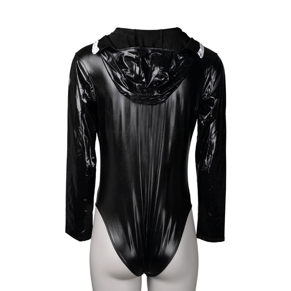 KR-80401 black wet look catsuit with integrated hood