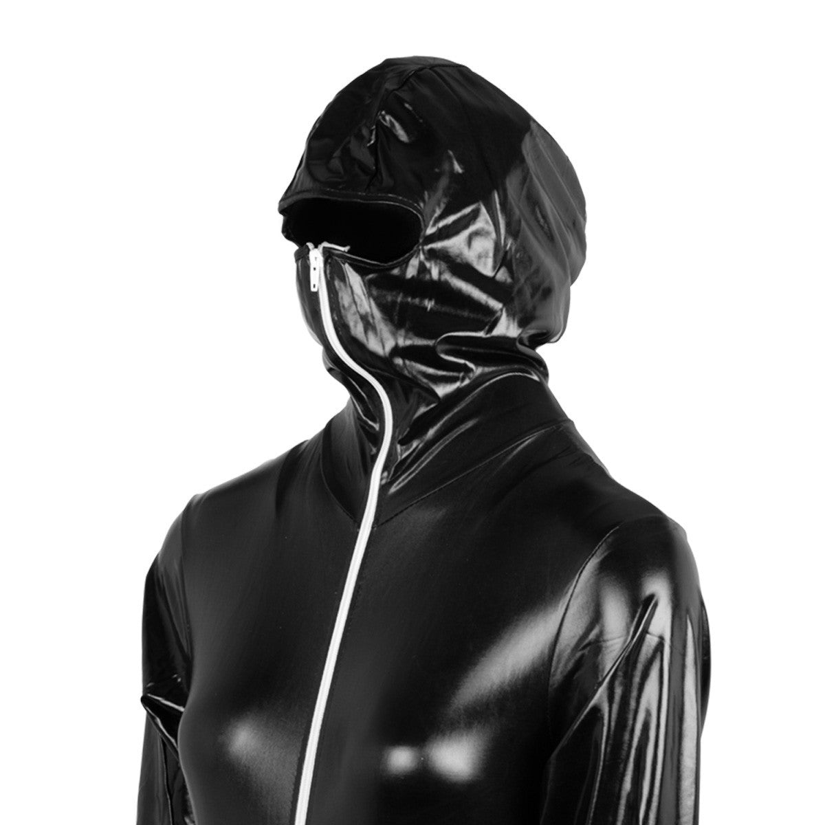 Black zip front fetish catsuit with long sleeves