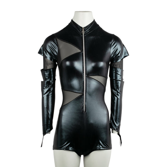 Black wet look catsuit with separate hood KR-80409