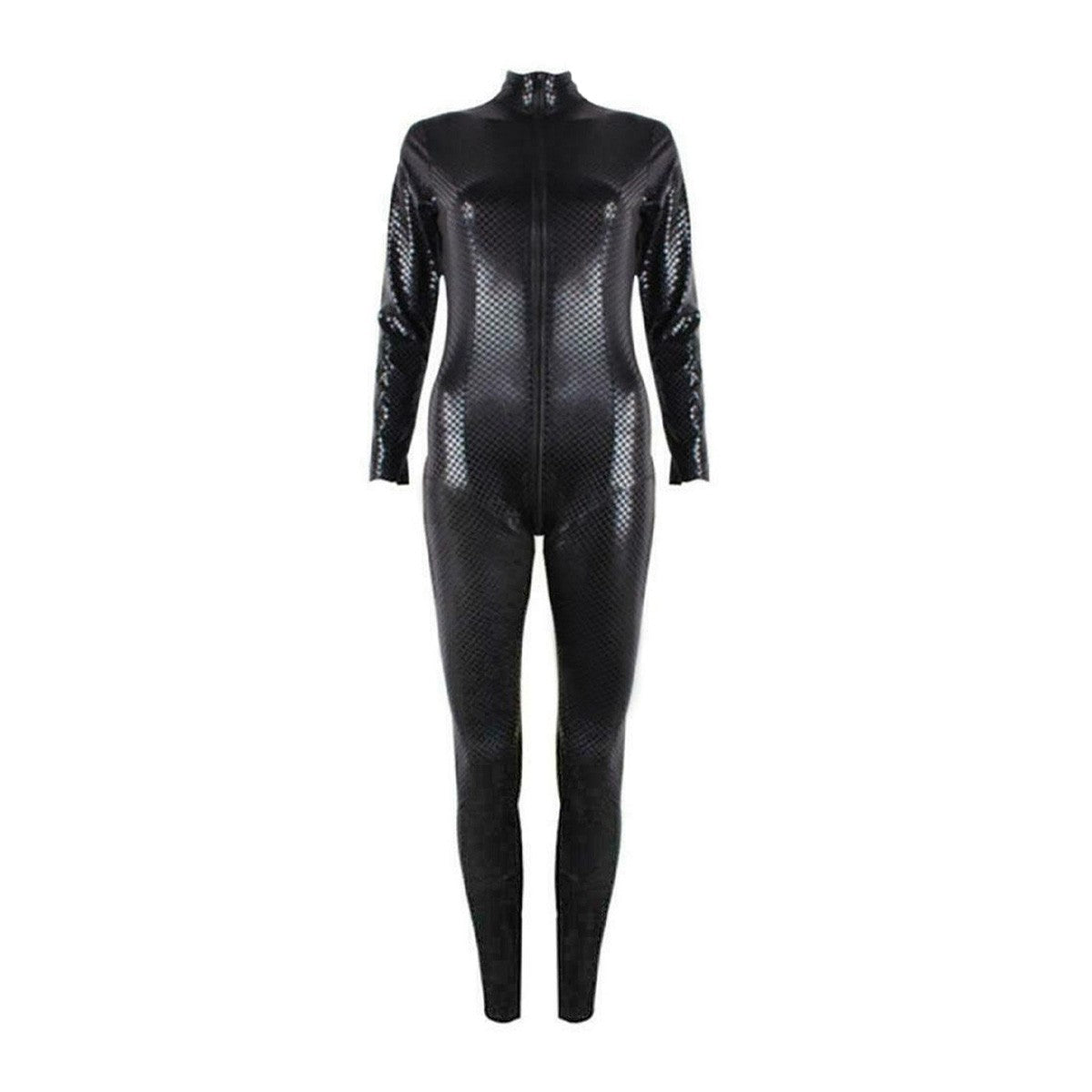 Black chequered wet look catsuit KR-80414