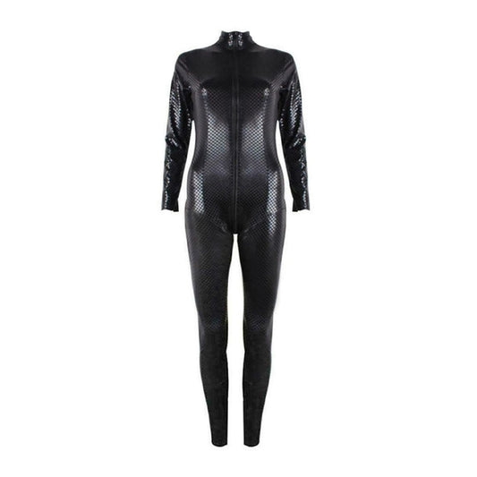 Black chequered wet look catsuit KR-80414