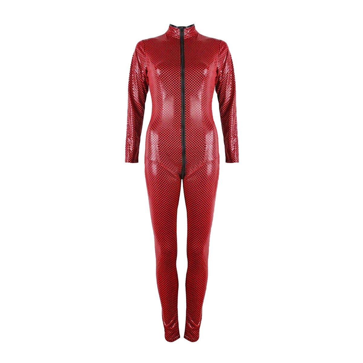 Red and black chequered wet look catsuit KR-80415