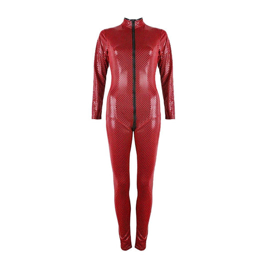 Red and black chequered wet look catsuit KR-80415